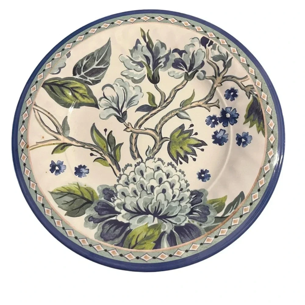 Pier 1 Melamine 2 Dinner Plates And 2 Salad Plates (4 Total) Floral Green & Blue